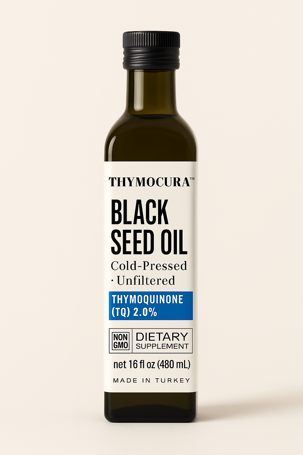 ThymoCura Turkish cold-pressed black seed oil 16 oz amber glass bottle