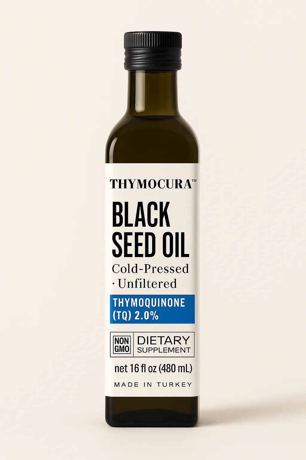 ThymoCura Turkish cold-pressed black seed oil 16 oz amber glass bottle