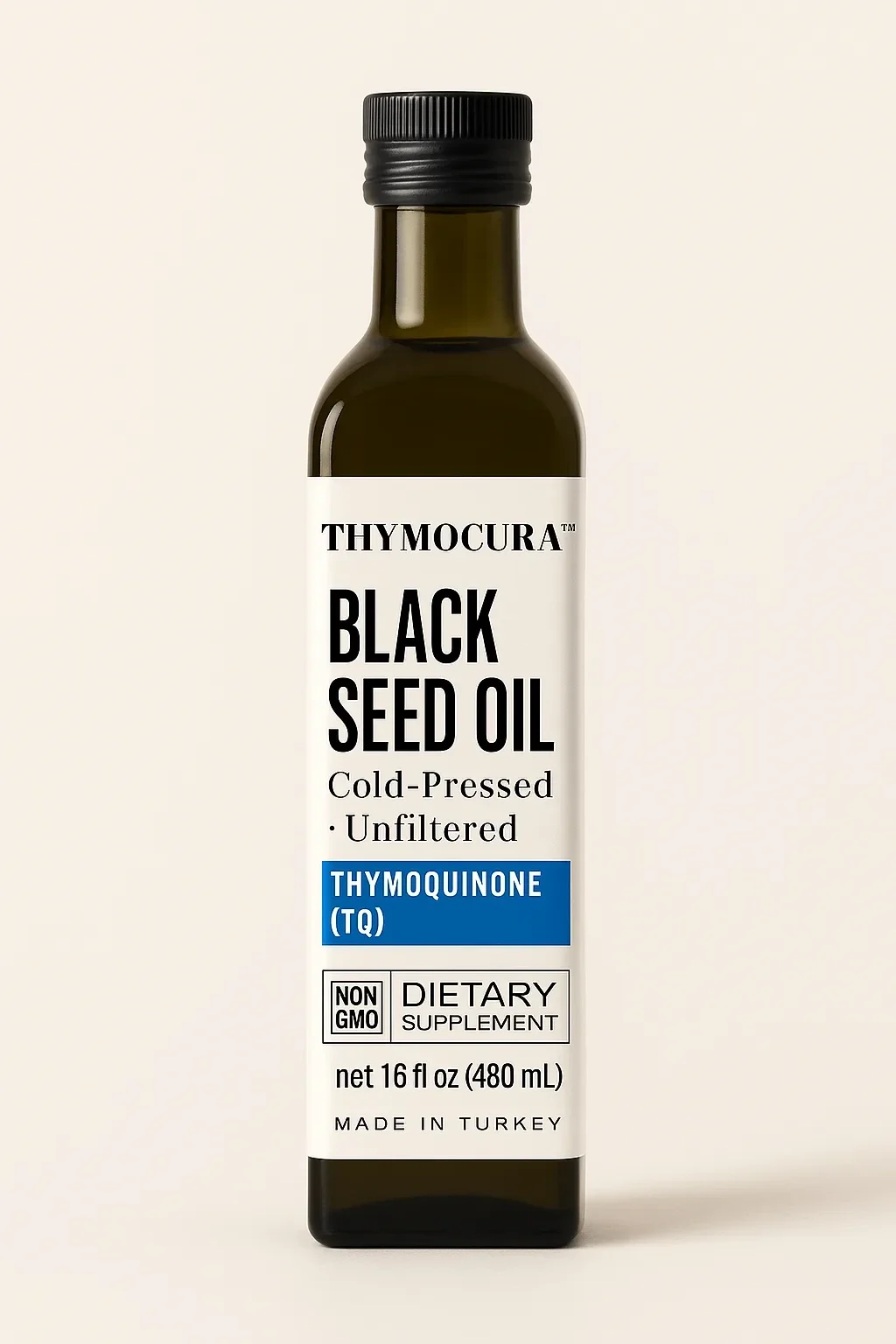 ThymoCura Turkish cold-pressed black seed oil 16 oz amber glass bottle