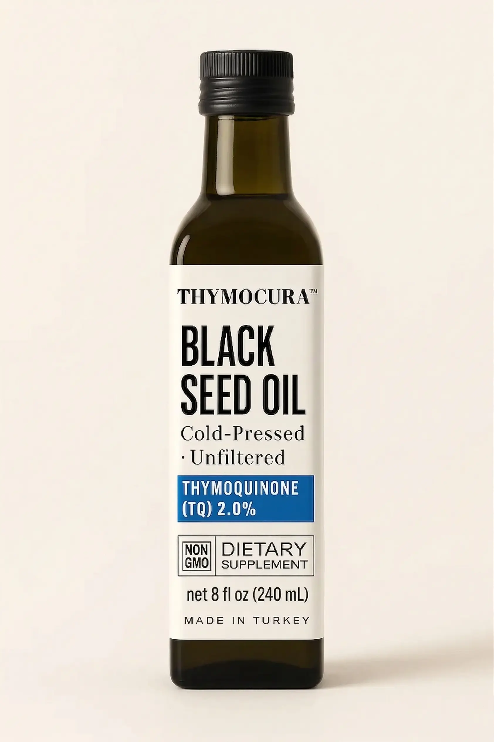 ThymoCura Turkish cold-pressed black seed oil 8 oz amber glass bottle