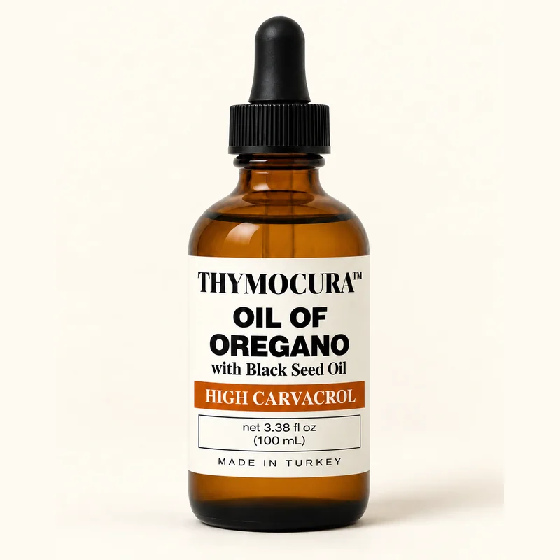ThymoCura Oil of Oregano with Black Seed Oil drops &mdash; 7% oregano oil in 93% cold-pressed black seed oil, 3.38 fl oz (100 ml) amber glass dropper bottle