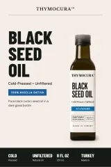 Product graphic: ThymoCura Standard Black Seed Oil bottle beside the words Cold-Pressed, Unfiltered, 100% Nigella sativa, 8 fl oz 237 mL, Turkey