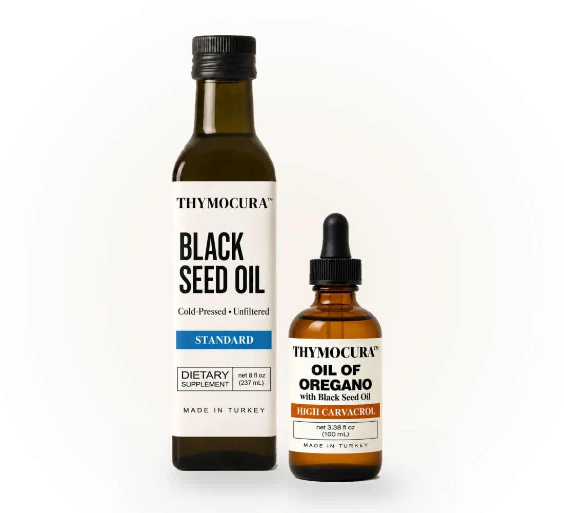 ThymoCura Daily Duo: Standard Black Seed Oil 8 oz and Oil of Oregano with Black Seed Oil 3.38 oz